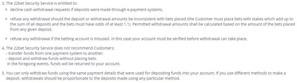 22bet - different Deposit and Withdrawal methods - T&C quote